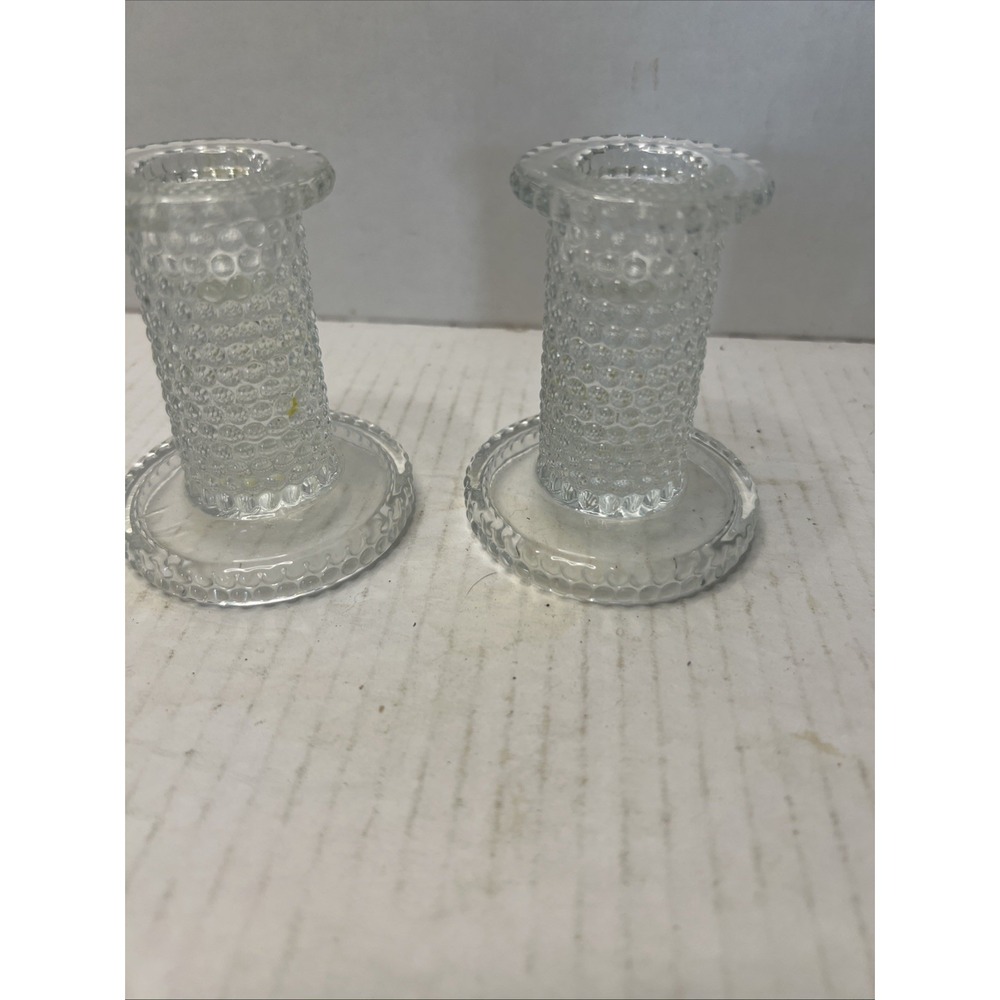MCM Vintage Pair Of Glass Hobnail  Candleholders 3.25" Candlestick Or Votive